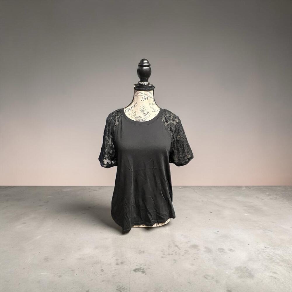Michael Kors Black Mixed Media Puff Sleeve Top Lace Detail Size M Medium